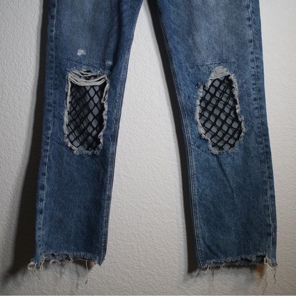 Zara TRF High Rise Distressed Raw Hem Denim Fish Net Ripped Knee Jeans Size 4 - Picture 2 of 9